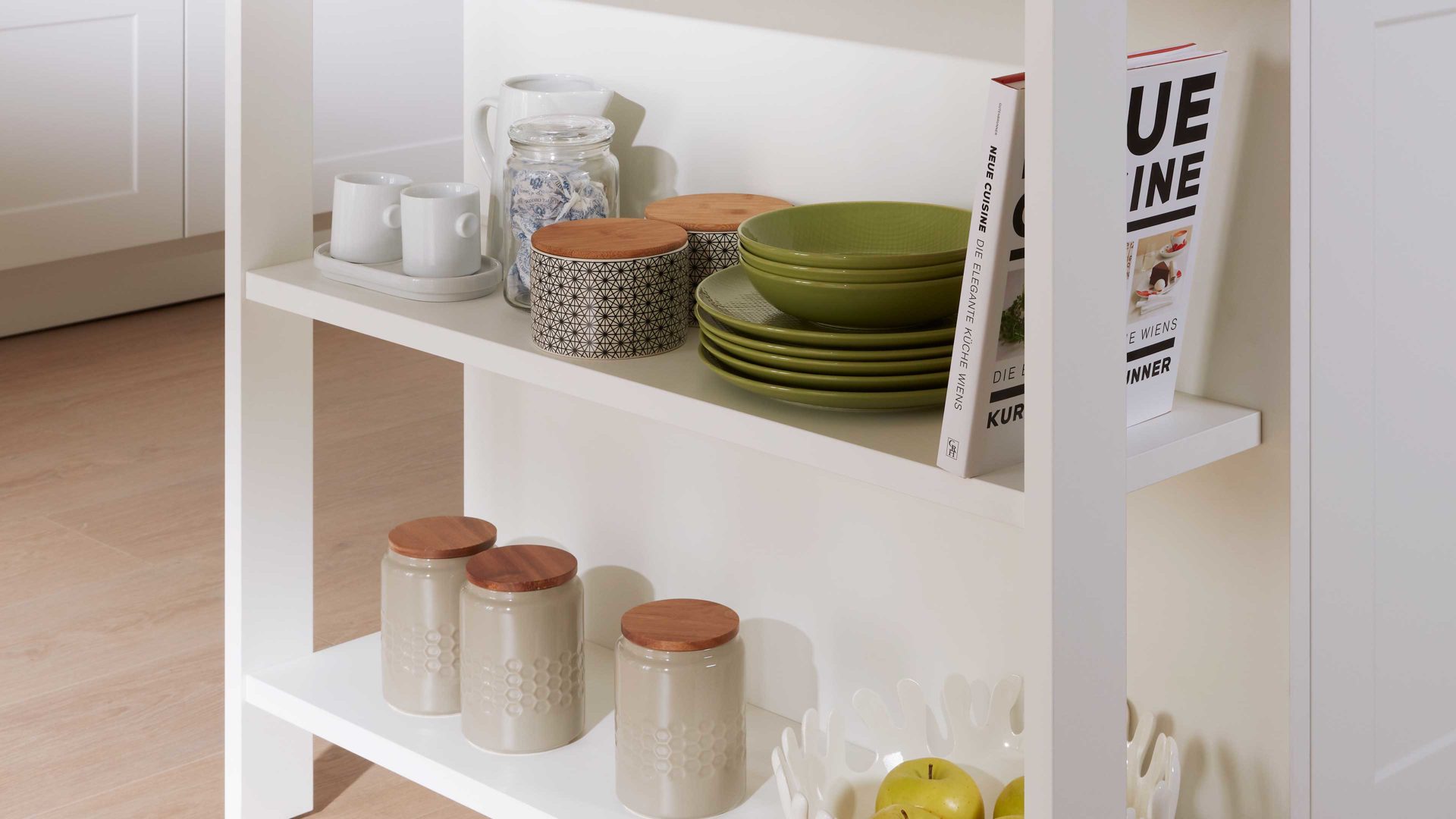 Einbauküche Interliving aus Holz in Weiß Interliving Küche Serie 3002 mit SIEMENS Einbaugeräten Weiß & Steineiche - zweizeilig