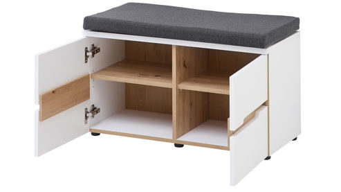 Garderobenbank Innostyle aus Holz in Weiß Garderoben Serie Memphis - Garderobenbank Weiß & Artisan Eiche, graubrauner Stoffbezug - Länge ca. 80 cm