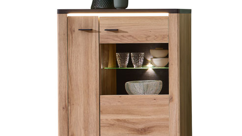 Vitrine Innostyle aus Holz in Holzfarben Wohnzimmer Serie Tina - Highboard mit Beleuchtung Mauvella Eiche & Carbon - ca. 80 x 146 cm