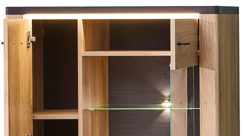 Vitrine Innostyle aus Holz in Holzfarben Wohnzimmer Serie Tina - Highboard mit Beleuchtung Mauvella Eiche & Carbon - ca. 80 x 146 cm