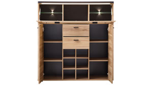 Vitrine Innostyle aus Holz in Holzfarben Wohnzimmer Serie Tina - Highboard mit Beleuchtung Mauvella Eiche & Carbon - ca. 130 x 132 cm