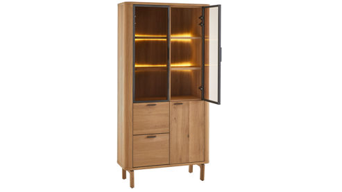 Vitrine WOODS & TRENDS aus Holz in Holzfarben WOODS & TRENDS Esszimmer Serie Zade - Vitrine mit Beleuchtung Eiche & Glas - drei Türen, zwei Schubladen, ca. 100 x 200 cm