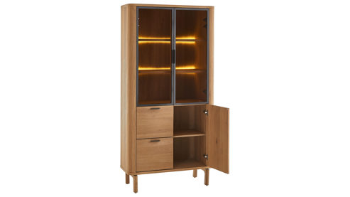 Vitrine WOODS & TRENDS aus Holz in Holzfarben WOODS & TRENDS Esszimmer Serie Zade - Vitrine mit Beleuchtung Eiche & Glas - drei Türen, zwei Schubladen, ca. 100 x 200 cm