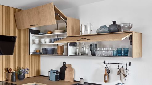 Einbauküche Nobilia® aus Holz in Hellblau nobilia® Einbauküche Senso mit JUNKER Elektrogeräten, z. B.  Backofen Sky, Eiche Como & Stripewood light - Stellfläche ca. 310 x 245 cm