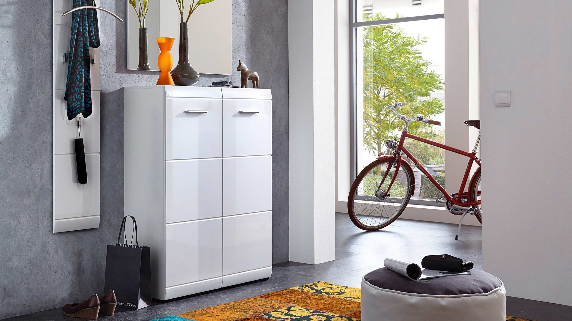 Schuhschrank Germania aus Holz in Weiß Schuhschrank Adana, ein Dielenmöbel weiße Hochglanzfronten & Kunststoffoberflächen - zwei Türen