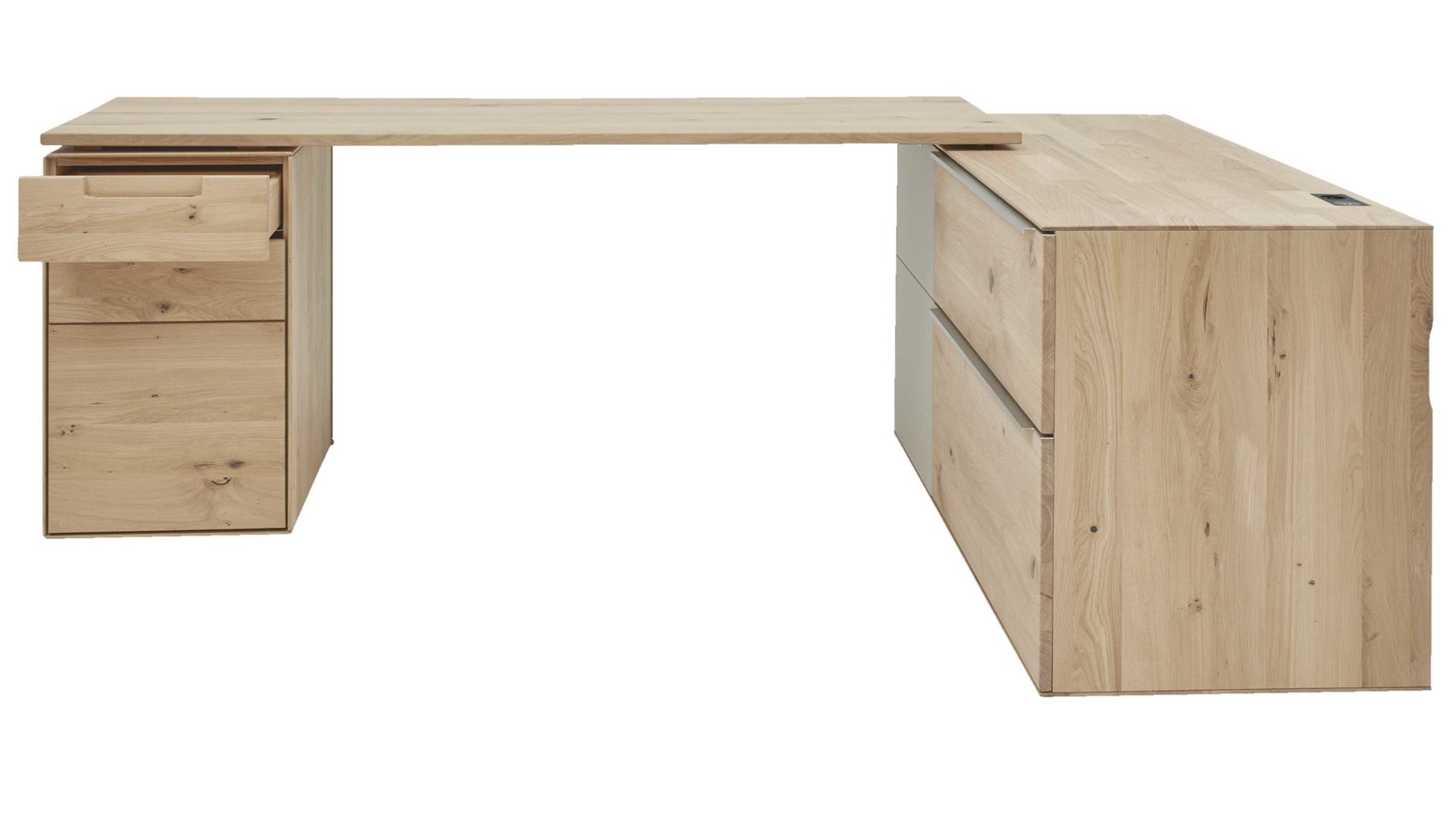 Schreibtisch Interliving aus Holz in Hellgrau Interliving Wohnzimmer Serie 2020 - Verwandlungs-Sideboard Asteiche bianco & Schlamm – zwei Türen, zwei Klappen