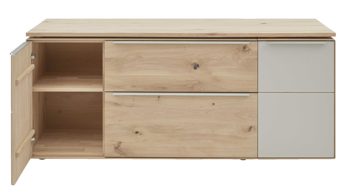 Schreibtisch Interliving aus Holz in Hellgrau Interliving Wohnzimmer Serie 2020 - Verwandlungs-Sideboard Asteiche bianco & Schlamm – zwei Türen, zwei Klappen