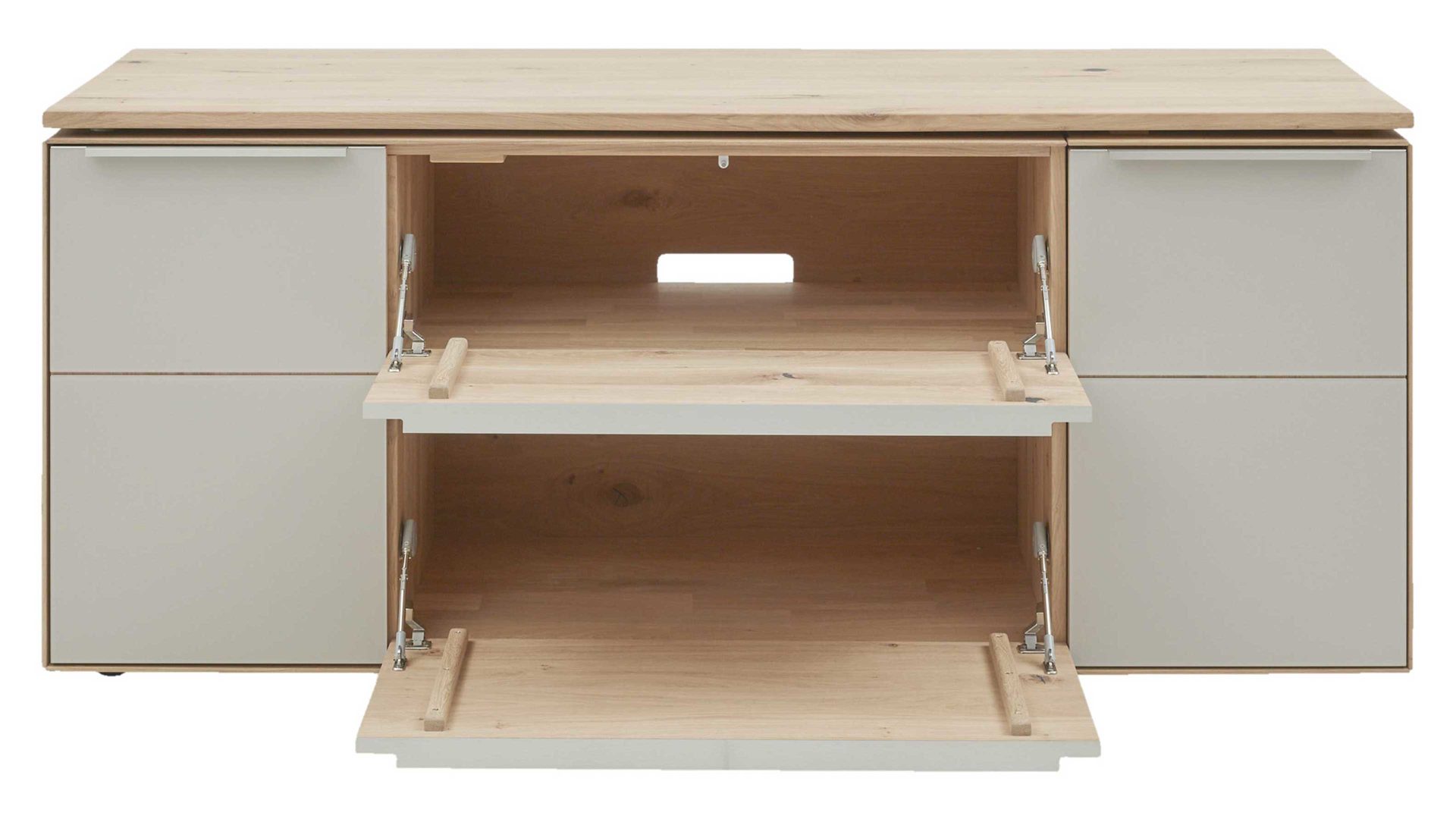 Schreibtisch Interliving aus Holz in Hellgrau Interliving Wohnzimmer Serie 2020 - Verwandlungs-Sideboard Asteiche bianco & Schlamm – zwei Türen, zwei Klappen