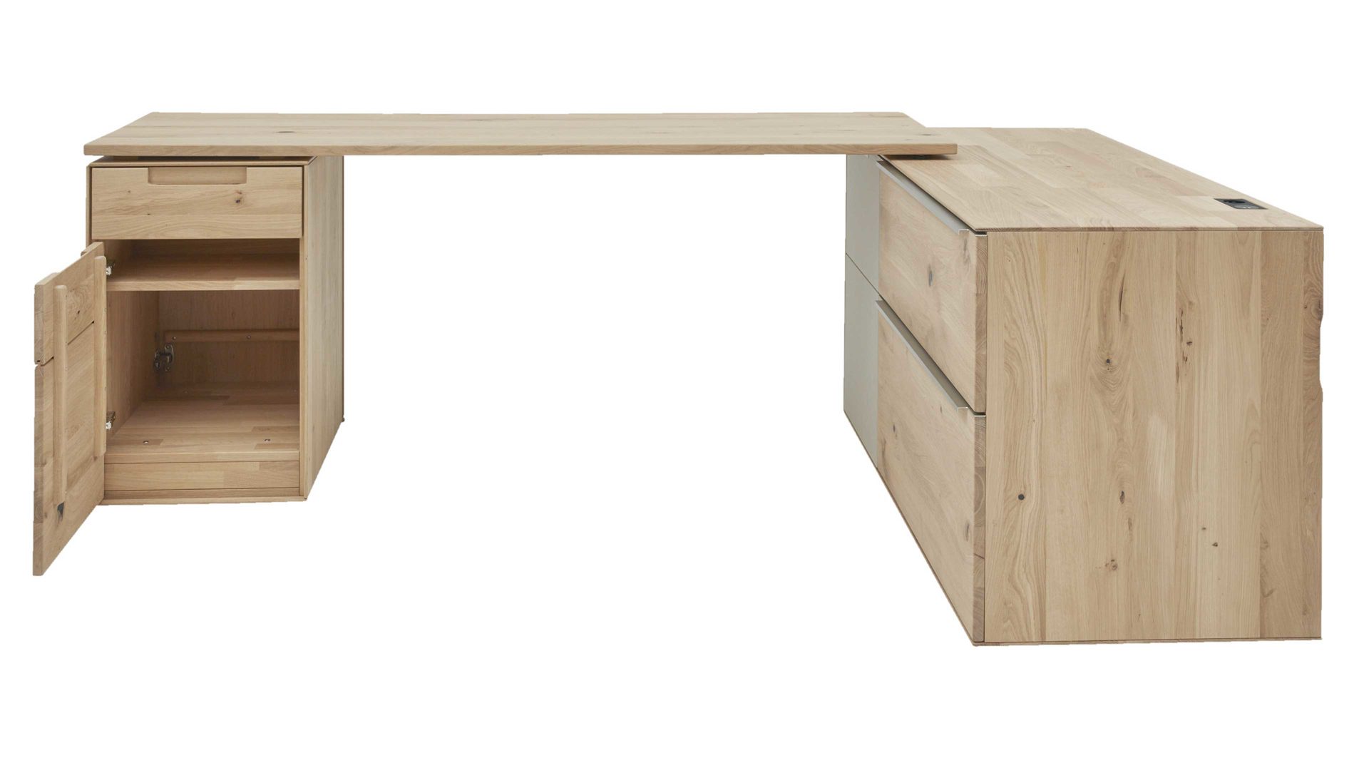Schreibtisch Interliving aus Holz in Hellgrau Interliving Wohnzimmer Serie 2020 - Verwandlungs-Sideboard Asteiche bianco & Schlamm – zwei Türen, zwei Klappen