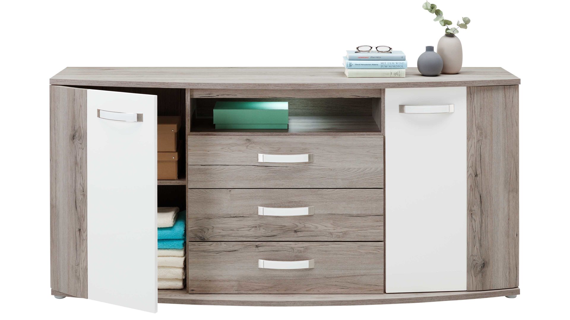 Sideboard Forte® aus Holz in Holzfarben Sideboard Rondino Sandeiche & Weiß – zwei Türen, drei Schubladen
