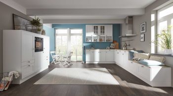 Einbauküche WERT KÜCHE® aus Holz in Holzfarben WERT KÜCHE® Carolin mit SIEMENS Einbaugeräten Kristallweiß & Asteiche - zweiteilig