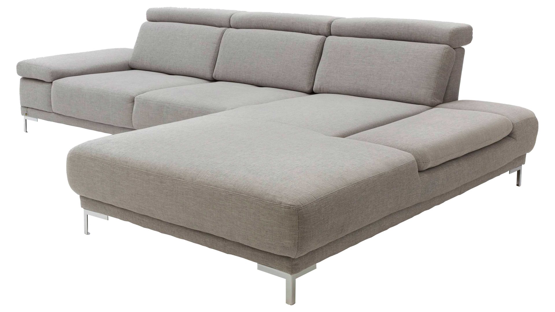 Ecksofa Interliving aus Stoff in Grau Interliving Sofa Serie 4251 – Funktions-Ecksofa platinfarbener Bezug Active Line Vaneo 07  & silberfarbene Metallfüße – Stellfläche ca. 300 x 225 cm