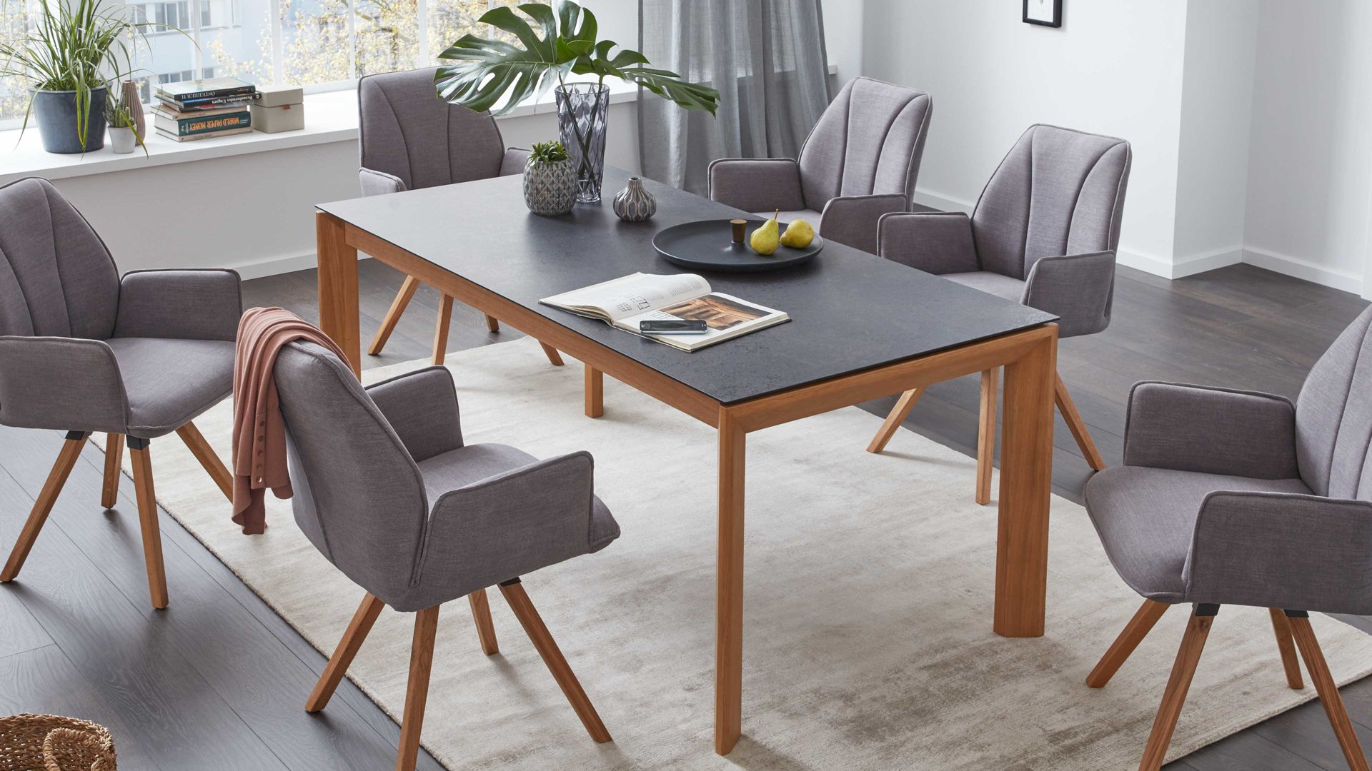 Auszugtisch Interliving aus Holz in Grau Interliving Esszimmer Serie 5102 – Auszugtisch V133 granitfarbenes HPL & Wildeiche – ca. 160-260 x 90 cm