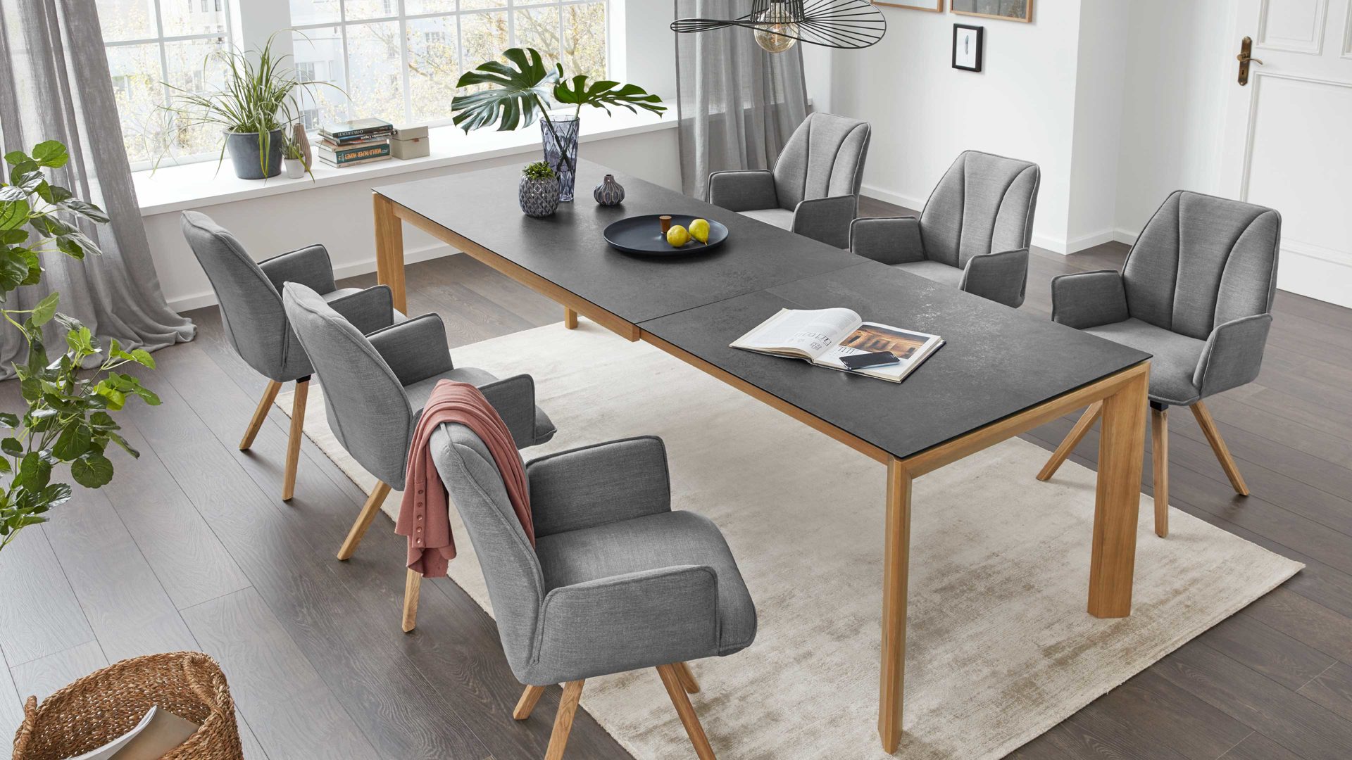 Auszugtisch Interliving aus Holz in Grau Interliving Esszimmer Serie 5102 – Auszugtisch granitfarbenes HPL & Wildeiche – ca. 180-280 x 90 cm