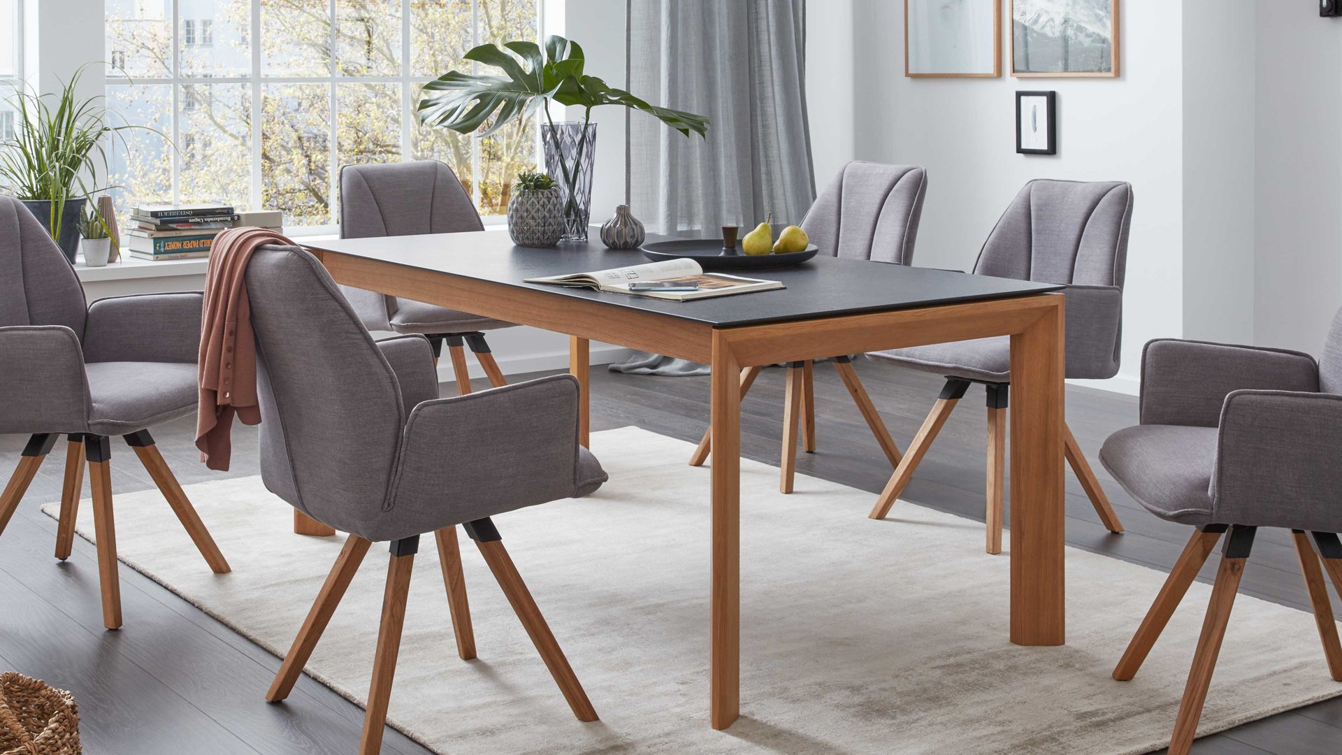 Auszugtisch Interliving aus Holz in Grau Interliving Esszimmer Serie 5102 – Auszugtisch V133 granitfarbenes HPL & Wildeiche – ca. 180-280 x 90 cm