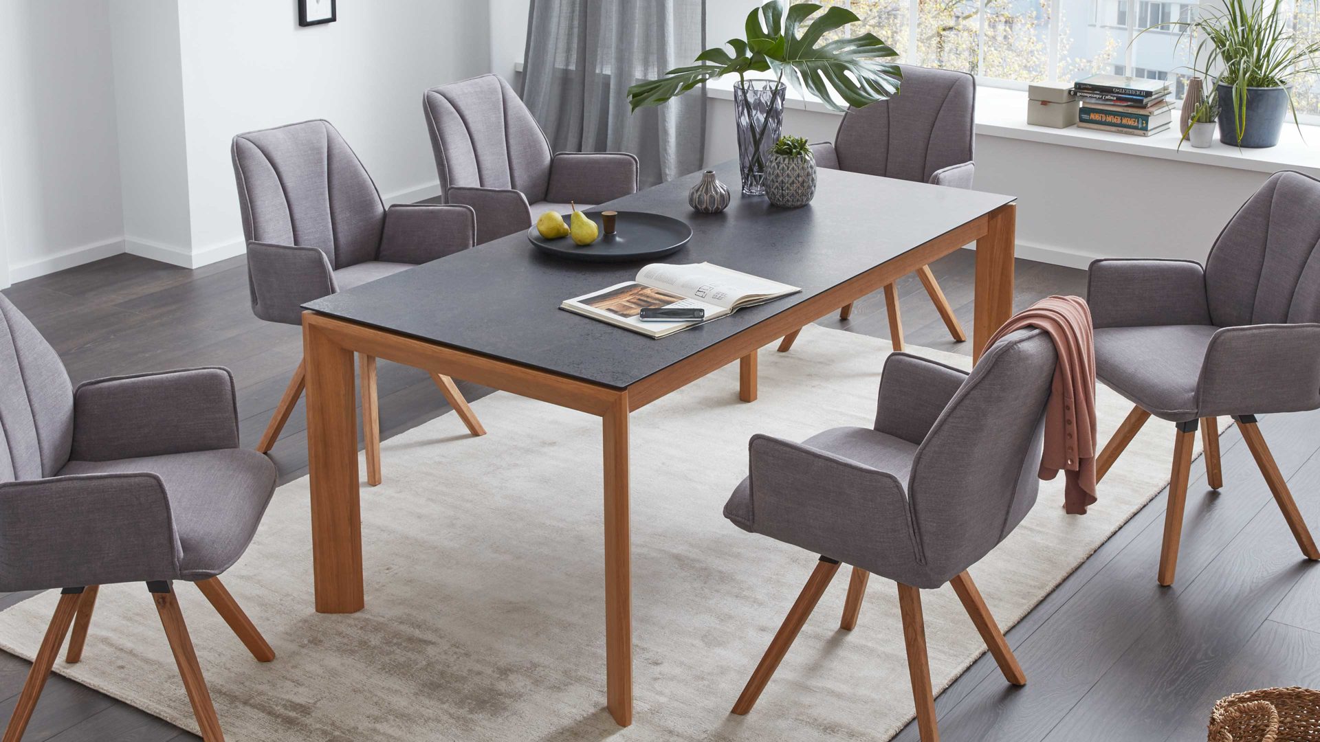 Auszugtisch Interliving aus Holz in Grau Interliving Esszimmer Serie 5102 – Auszugtisch V133 granitfarbenes HPL & Wildeiche – ca. 160-260 x 90 cm