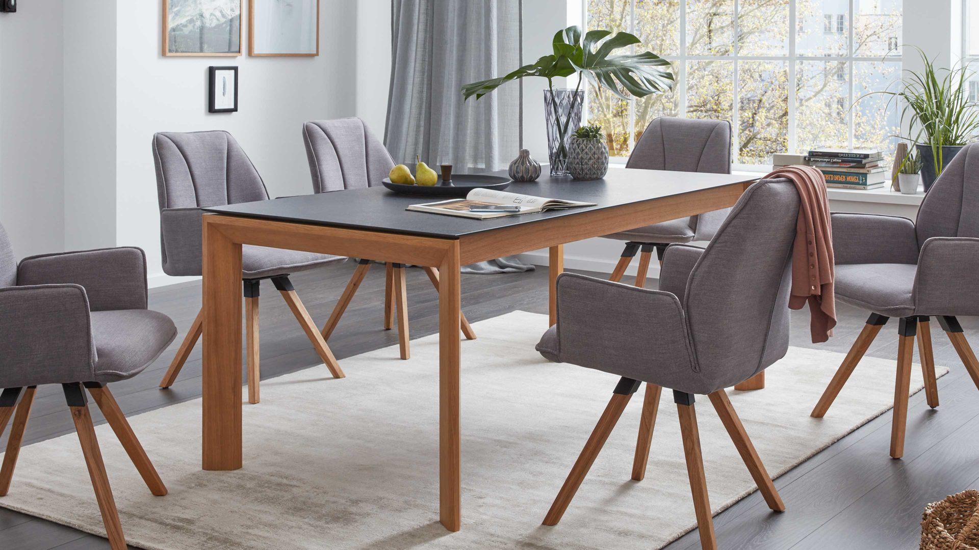 Auszugtisch Interliving aus Holz in Grau Interliving Esszimmer Serie 5102 – Auszugtisch V133 granitfarbenes HPL & Wildeiche – ca. 160-260 x 90 cm