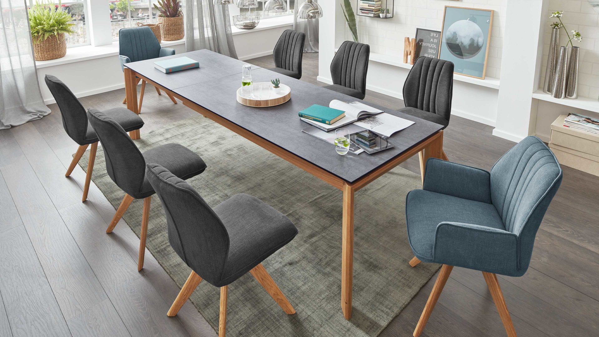 Auszugtisch Interliving aus Holz in Grau Interliving Esszimmer Serie 5102 – Auszugtisch V133 granitfarbenes HPL & Wildeiche – ca. 140-240 x 90 cm