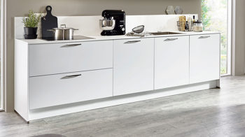 Einbauküche Nobilia® aus Holz in Holzfarben Dunkel nobilia® Einbauküche Focus mit privileg Einbaugeräten Alpinweiß & Balkeneiche – dreizeilig