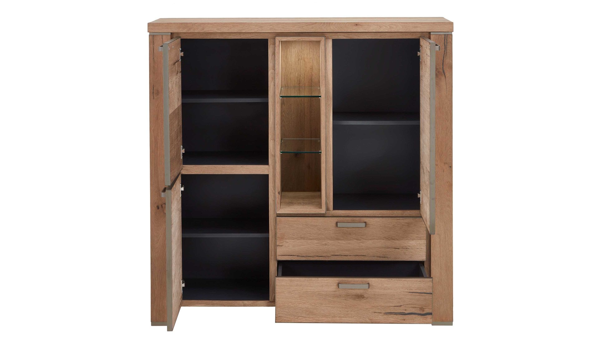 Highboard WOODS & TRENDS aus Holz in Holzfarben WOODS & TRENDS Highboard bzw. Wohnzimmerschrank Canova railwaybraunes Eichefurnier & Metall – zwei Türen, zwei Schubladen