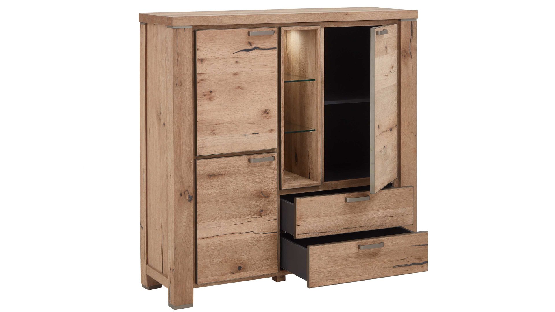 Highboard WOODS & TRENDS aus Holz in Holzfarben WOODS & TRENDS Highboard bzw. Wohnzimmerschrank Canova railwaybraunes Eichefurnier & Metall – zwei Türen, zwei Schubladen