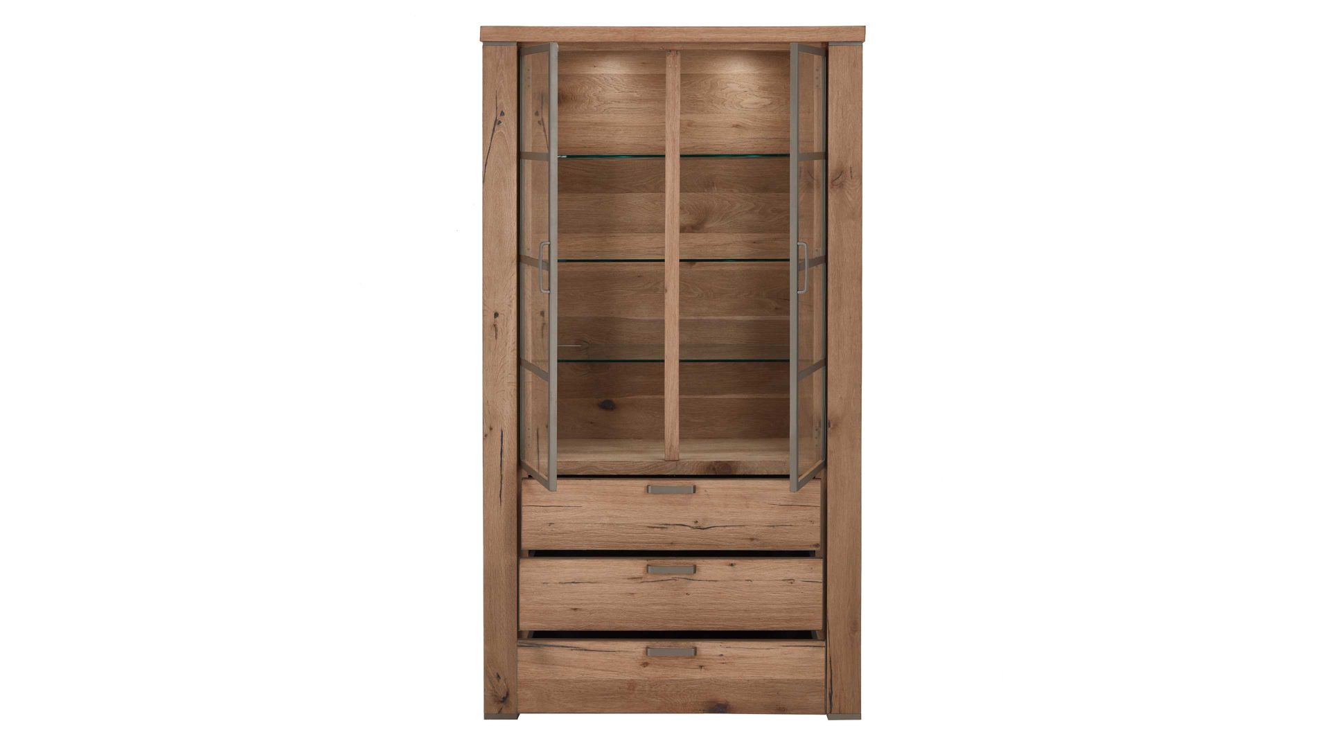 Vitrine WOODS & TRENDS aus Holz in Holzfarben WOODS & TRENDS Vitrinenschrank Canova als Wohnzimmermöbel railwaybraunes Eichefurnier & Metall – zwei Türen, drei Schubladen