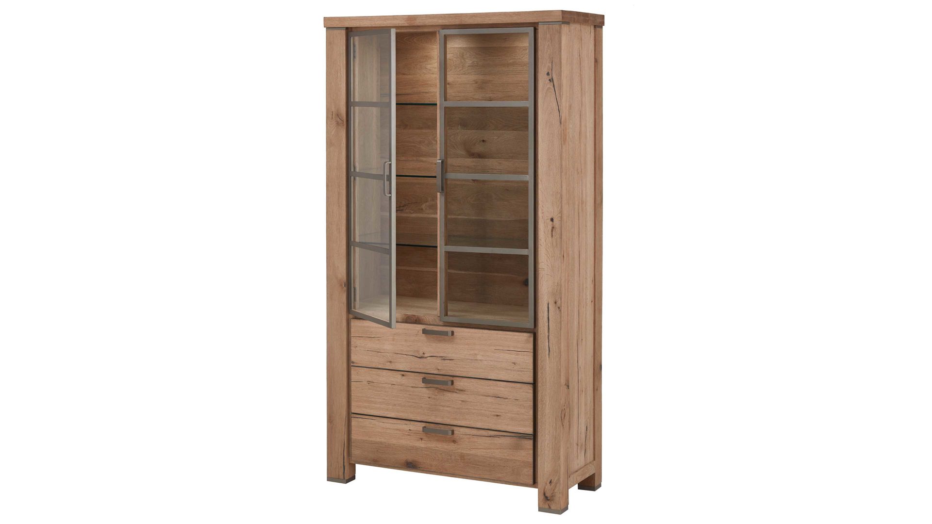 Vitrine WOODS & TRENDS aus Holz in Holzfarben WOODS & TRENDS Vitrinenschrank Canova als Wohnzimmermöbel railwaybraunes Eichefurnier & Metall – zwei Türen, drei Schubladen