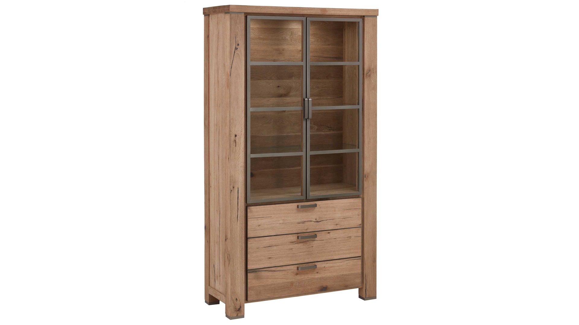 Vitrine WOODS & TRENDS aus Holz in Holzfarben WOODS & TRENDS Vitrinenschrank Canova als Wohnzimmermöbel railwaybraunes Eichefurnier & Metall – zwei Türen, drei Schubladen