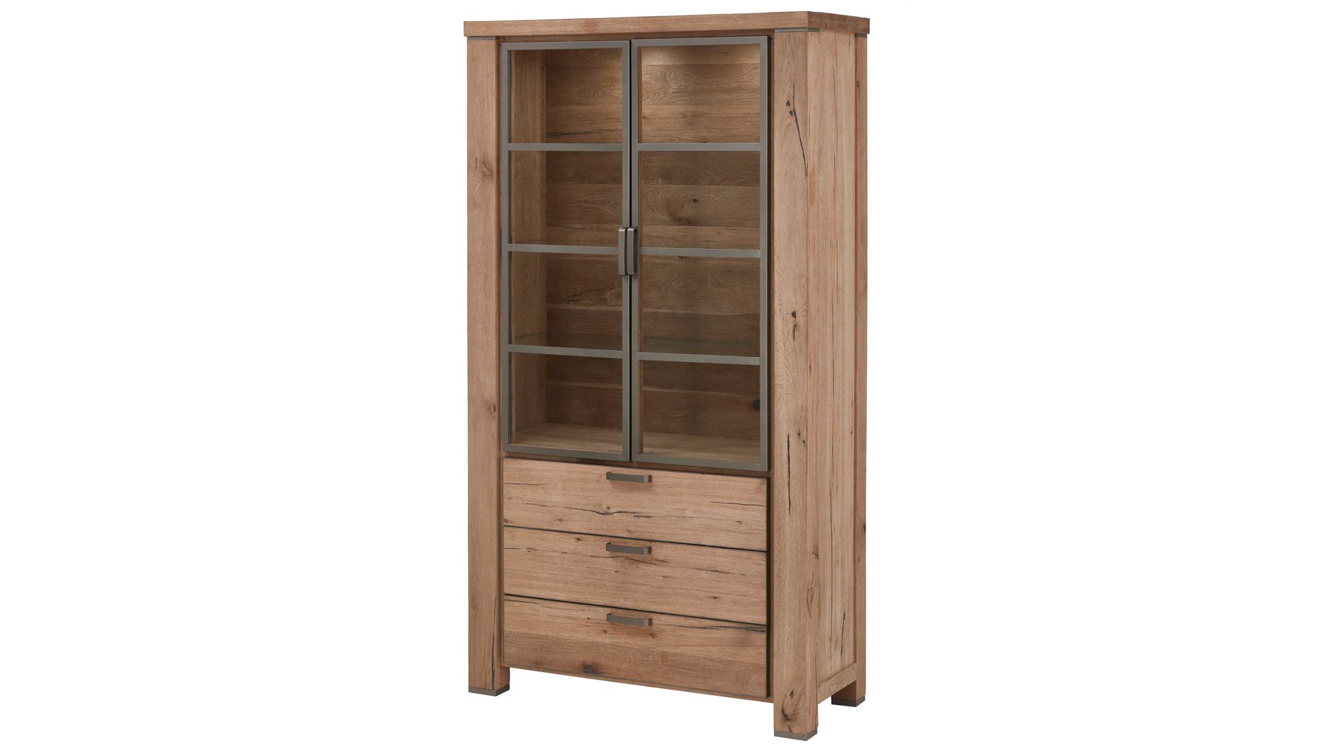 Vitrine WOODS & TRENDS aus Holz in Holzfarben WOODS & TRENDS Vitrinenschrank Canova als Wohnzimmermöbel railwaybraunes Eichefurnier & Metall – zwei Türen, drei Schubladen