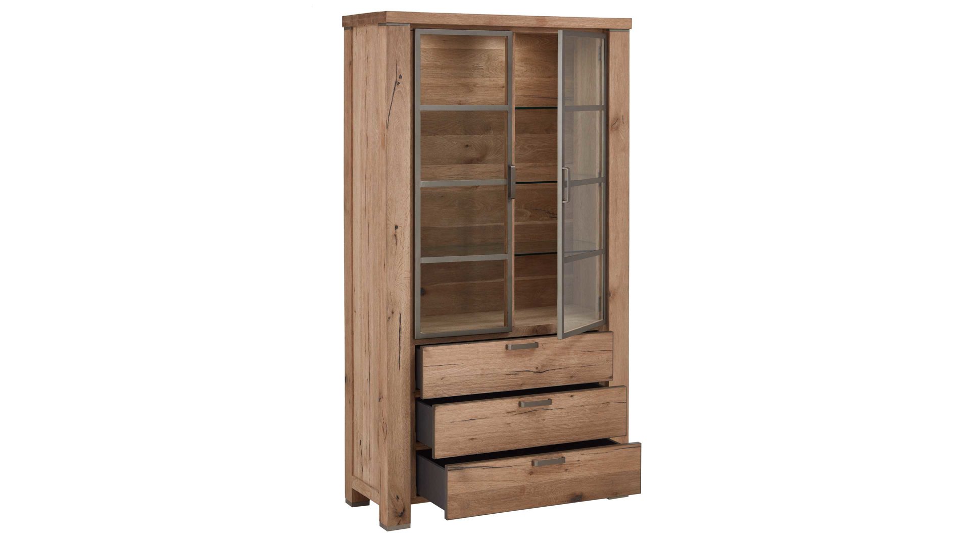 Vitrine WOODS & TRENDS aus Holz in Holzfarben WOODS & TRENDS Vitrinenschrank Canova als Wohnzimmermöbel railwaybraunes Eichefurnier & Metall – zwei Türen, drei Schubladen