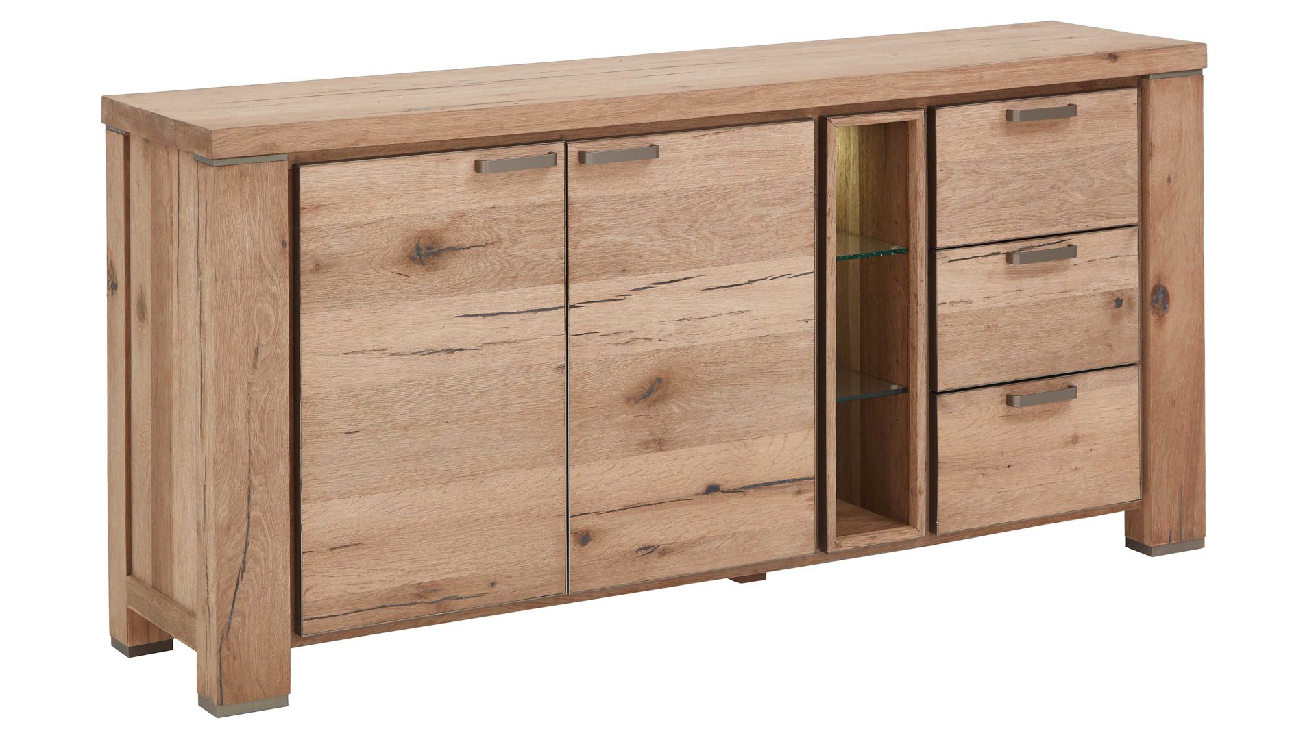 Sideboard WOODS & TRENDS aus Holz in Holzfarben WOODS & TRENDS Sideboard bzw. Kommodenschrank Canova railwaybraunes Eichefurnier & Metall – zwei Türen, drei Schubladen