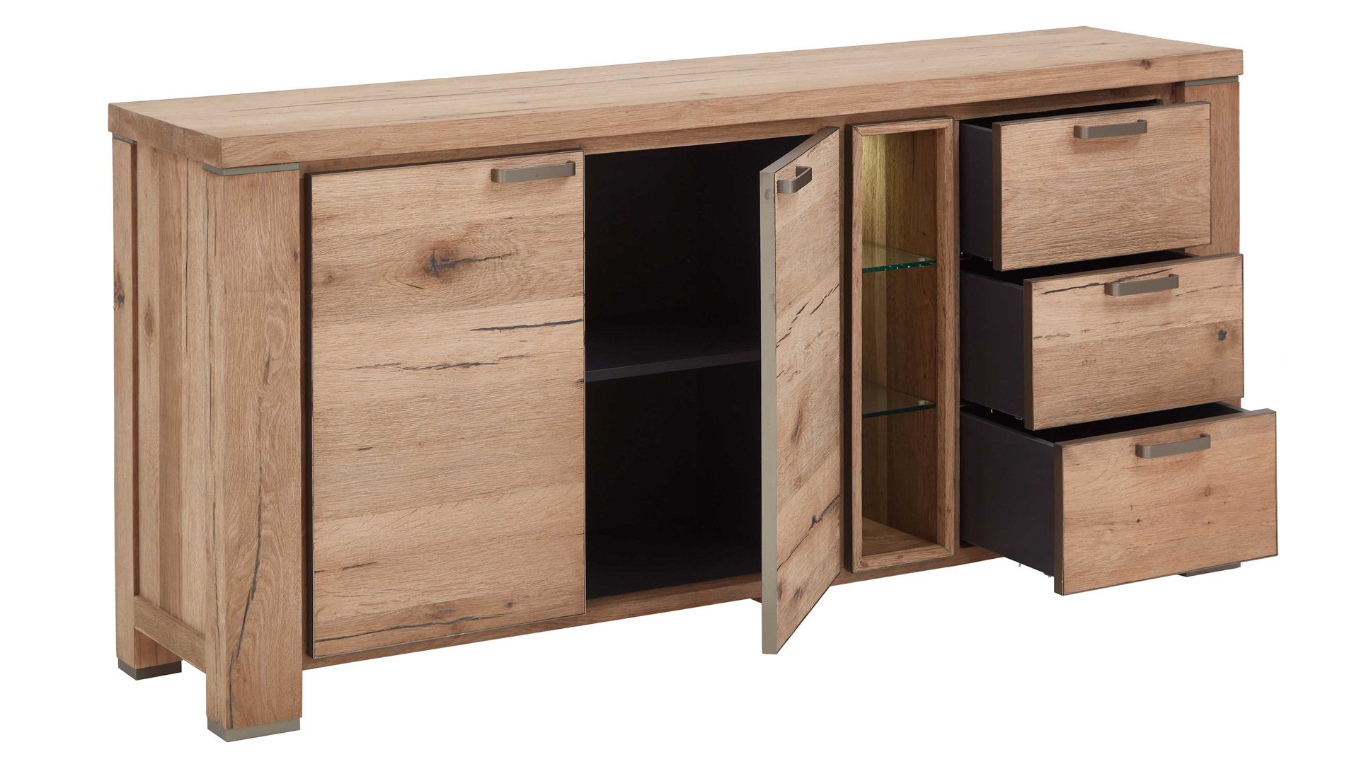 Sideboard WOODS & TRENDS aus Holz in Holzfarben WOODS & TRENDS Sideboard bzw. Kommodenschrank Canova railwaybraunes Eichefurnier & Metall – zwei Türen, drei Schubladen