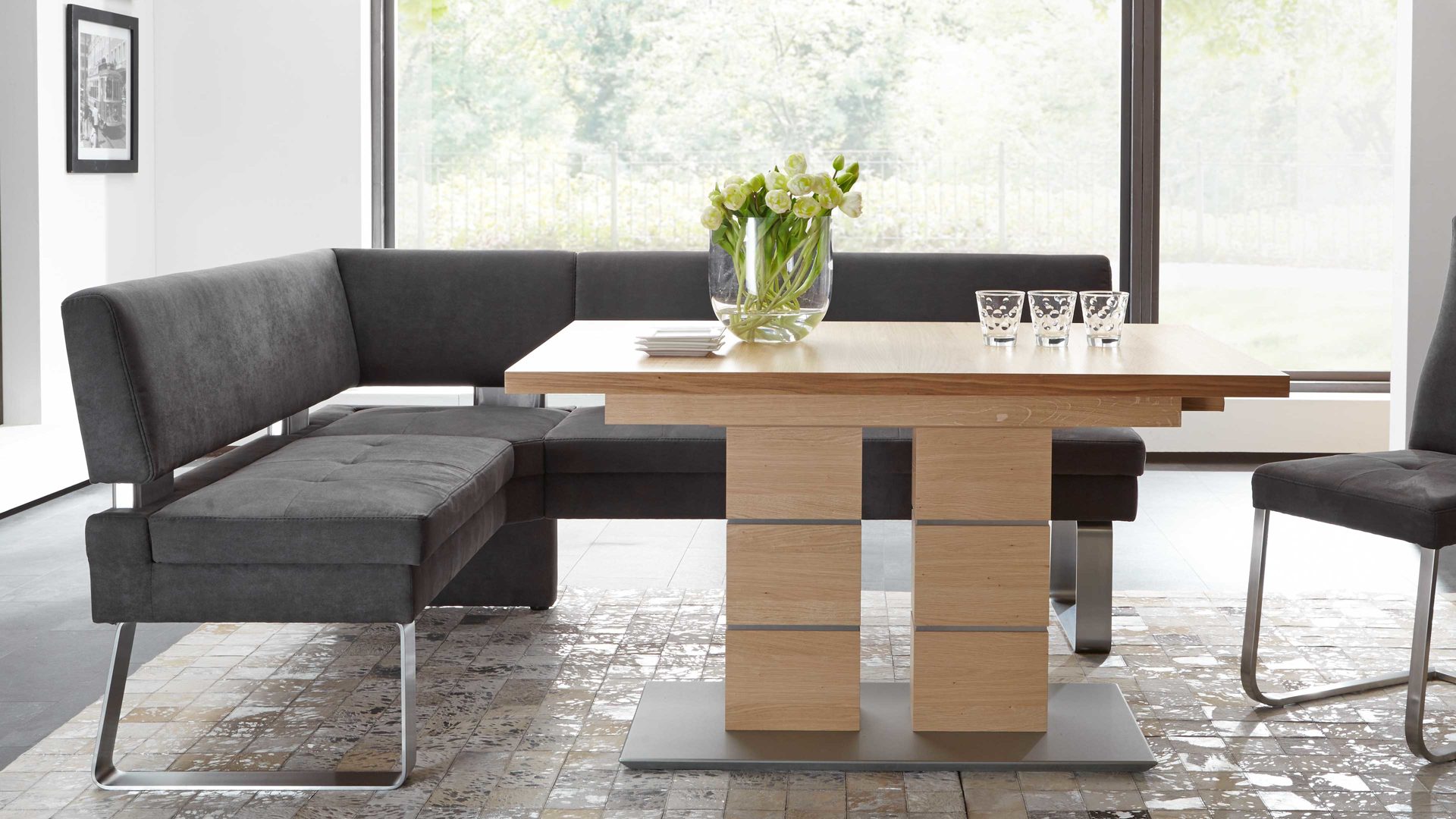 Eckbank combinessa aus Stoff in Anthrazit Combinessa Genesis - Eckbank anthrazitfarbene Mikrofaser 520-82 & Edelstahl – Stellfläche ca. 160 x 199 cm