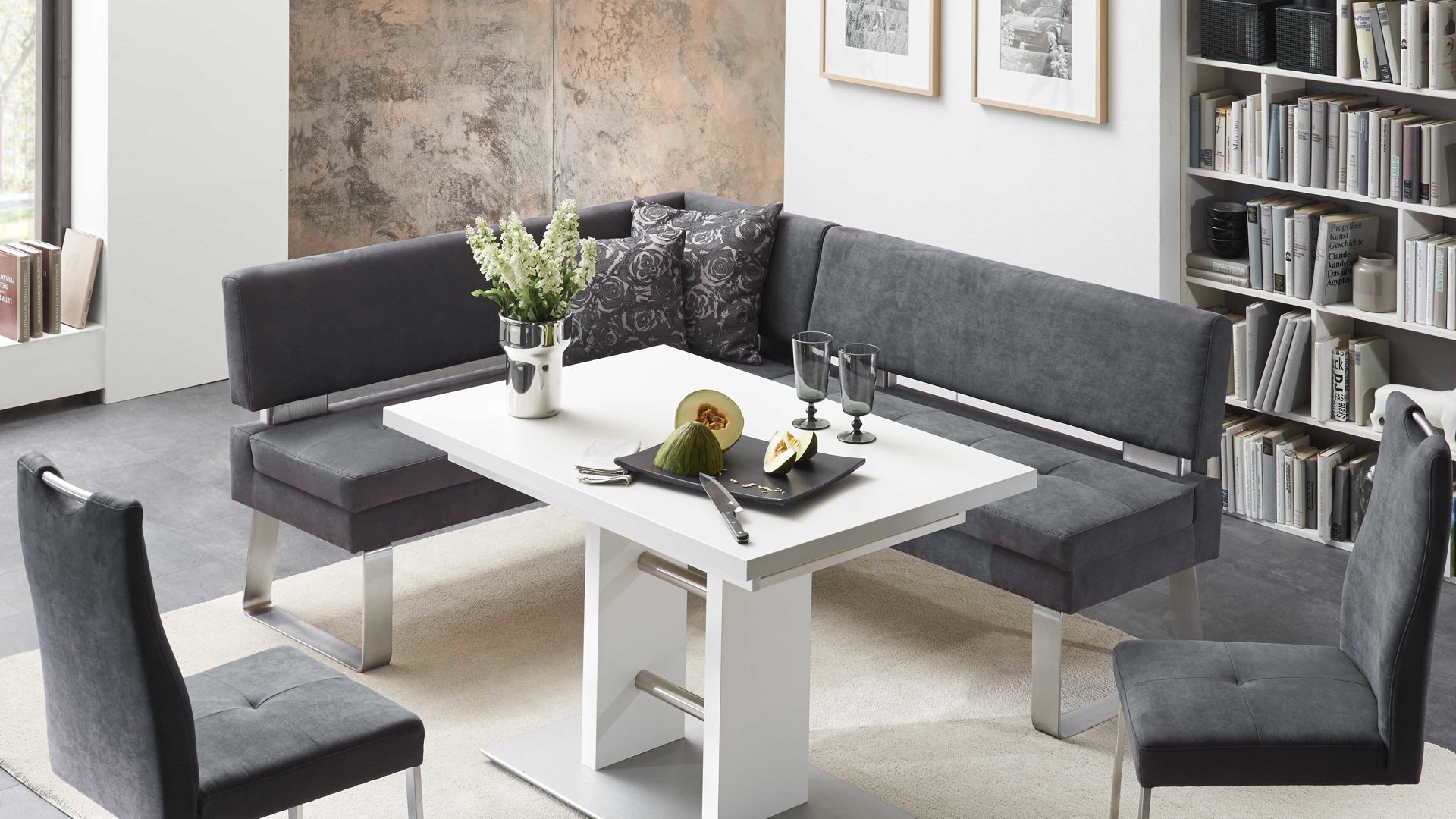 Eckbank combinessa aus Stoff in Anthrazit Combinessa Genesis - Eckbank anthrazitfarbene Mikrofaser 520-82 & Edelstahl – Stellfläche ca. 160 x 199 cm