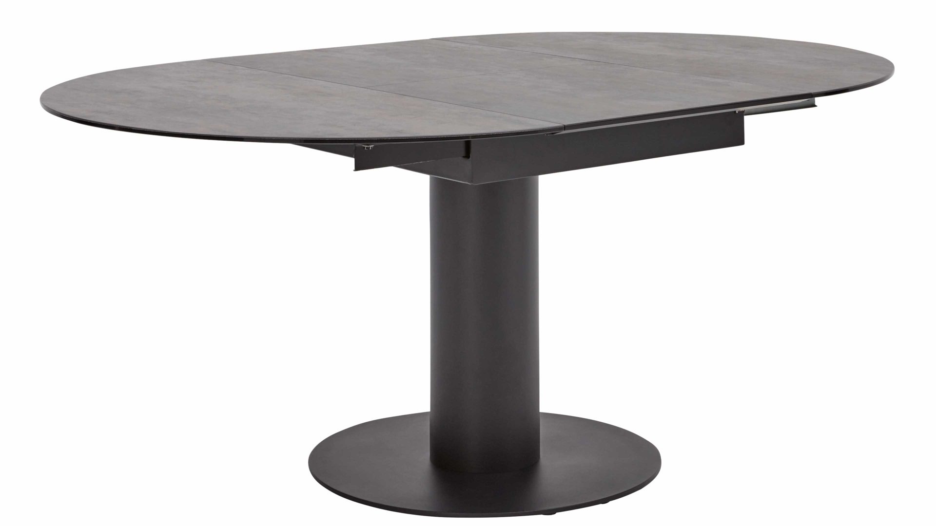 Tischgruppe Interliving aus Keramik in Dunkelgrau Interliving Esszimmer Serie 5104 – Essgruppe mit Ausziehtisch farngrüne Mikrofaser Fern, dunkelgraue Tischplatte Industrial & schwarzes Metall