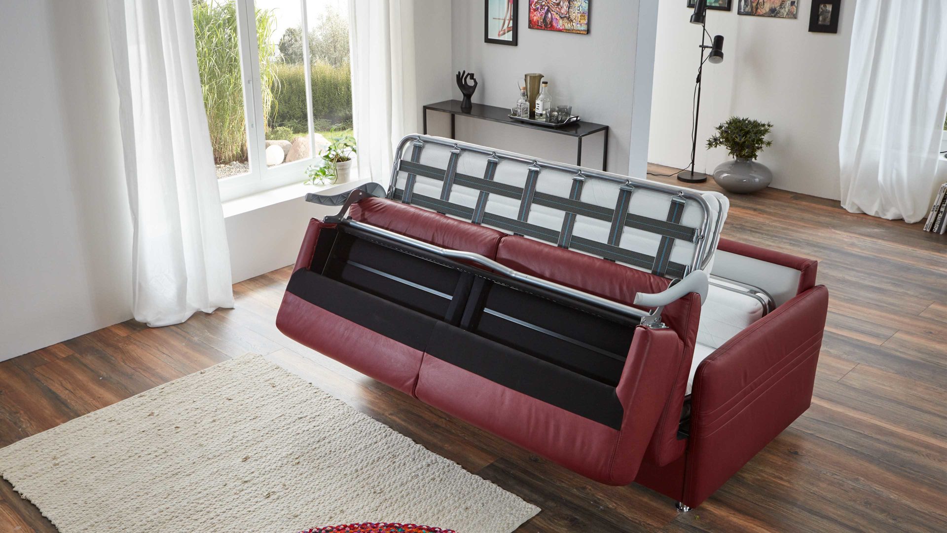 Schlafsofa comfortmaster besser sitzen, liegen, leben aus Leder in Rot Messina Funktionssofa - Schlafcouch dunkelrotes Leder 20-1030 & Chromfüße 84 - Breite ca. 157 cm