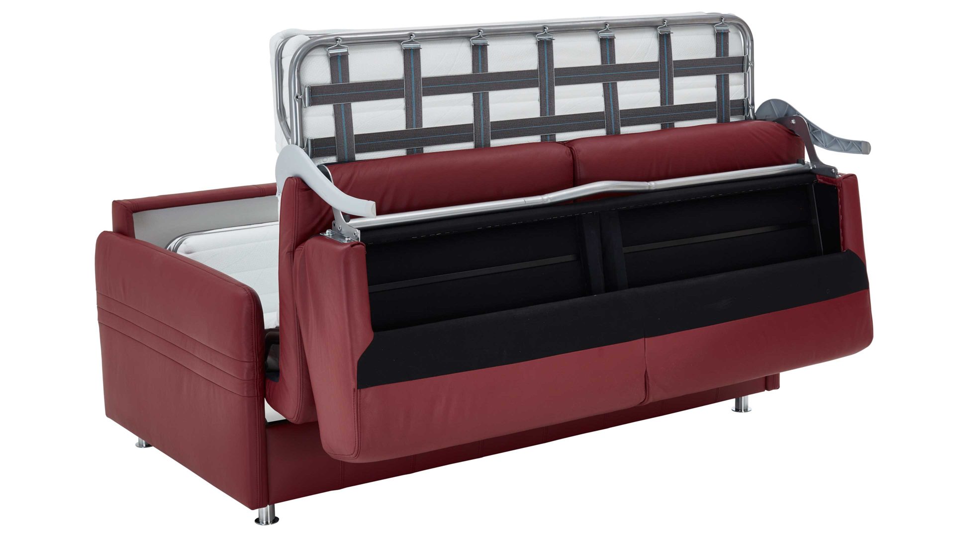 Schlafsofa comfortmaster besser sitzen, liegen, leben aus Leder in Rot Messina Funktionssofa - Schlafcouch dunkelrotes Leder 20-1030 & Chromfüße 84 - Breite ca. 157 cm
