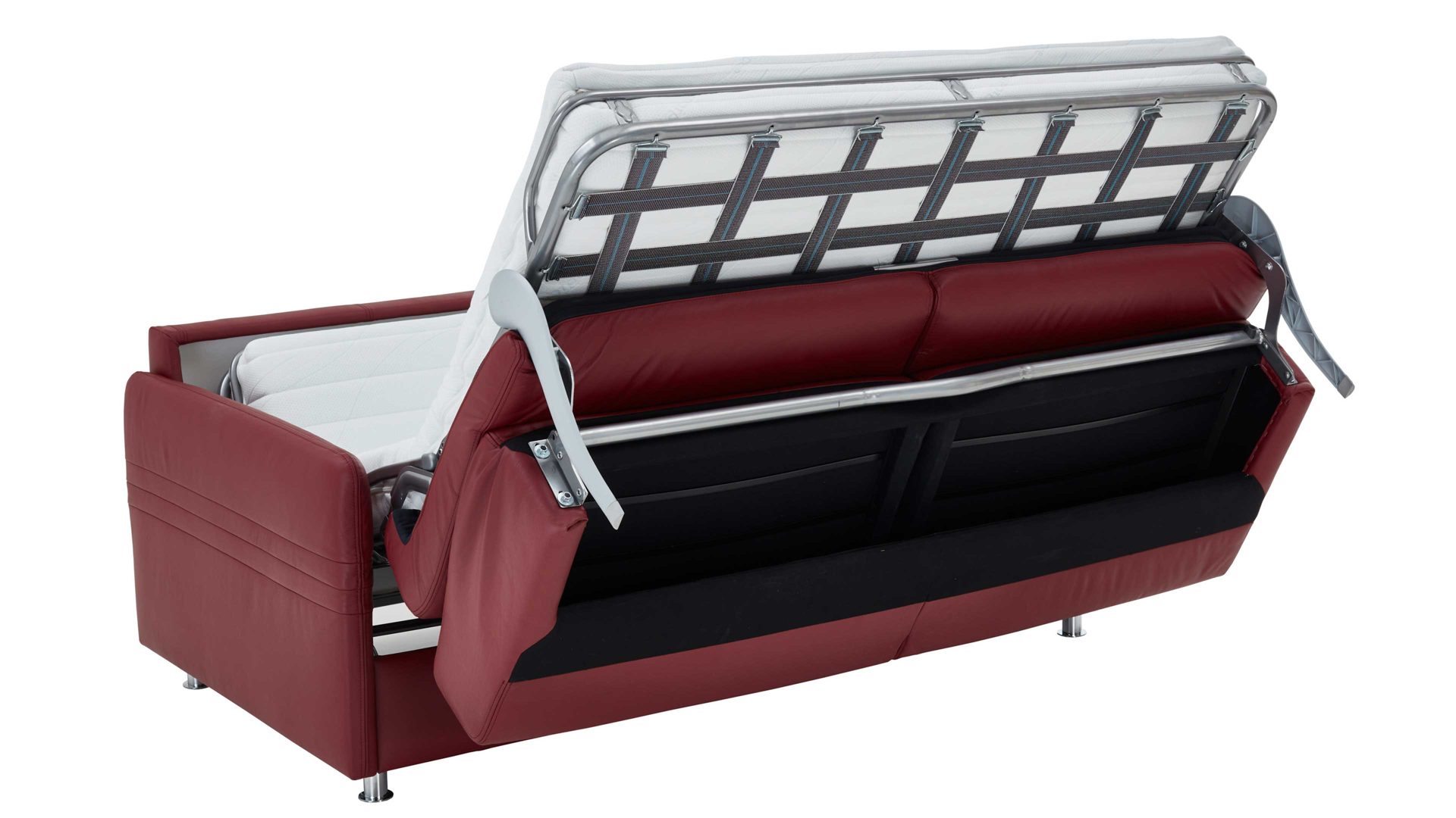 Schlafsofa comfortmaster besser sitzen, liegen, leben aus Leder in Rot Messina Funktionssofa - Schlafcouch dunkelrotes Leder 20-1030 & Chromfüße 84 - Breite ca. 157 cm