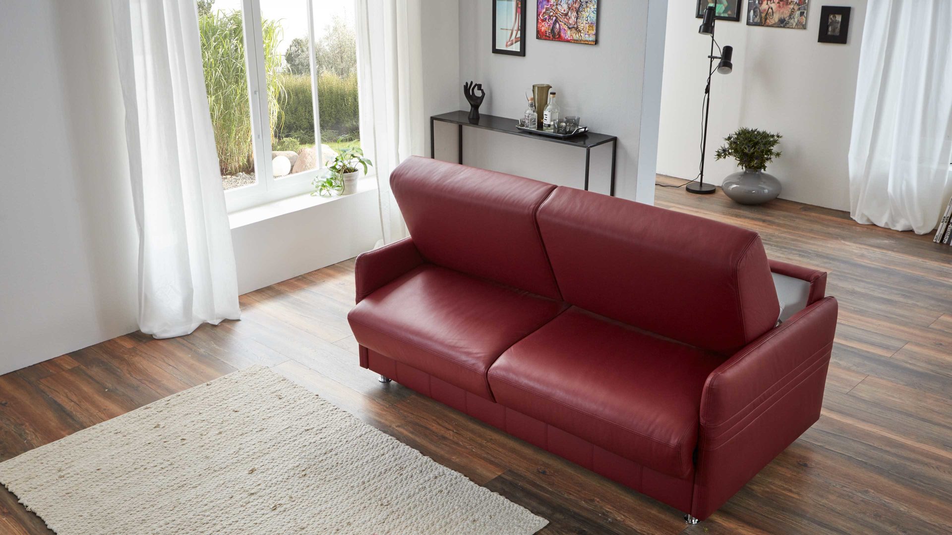 Schlafsofa comfortmaster besser sitzen, liegen, leben aus Leder in Rot Comfortmaster Messina Funktionssofa - Schlafcouch dunkelrotes Leder 20-1030 & Chromfüße 84 - Breite ca. 157 cm