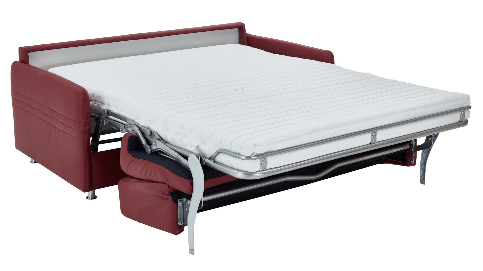 Schlafsofa comfortmaster besser sitzen, liegen, leben aus Leder in Rot Comfortmaster Messina Funktionssofa - Schlafcouch dunkelrotes Leder 20-1030 & Chromfüße 84 - Breite ca. 157 cm