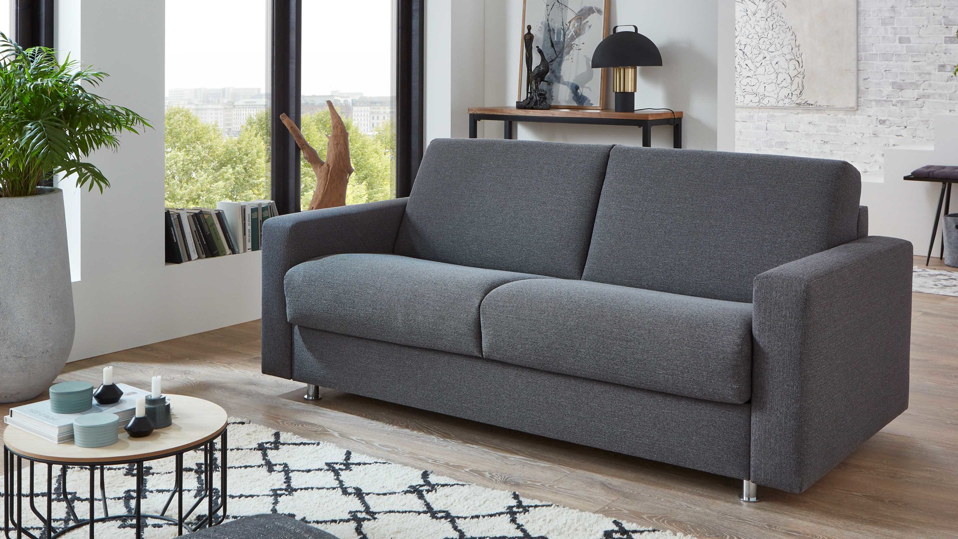 Schlafsofa comfortmaster besser sitzen, liegen, leben aus Stoff in Anthrazit Messina Funktionssofa - Schlafcouch anthrazitfarbener Webstoff 8-2122 & Chromfüße 84 - Breite ca. 177 cm