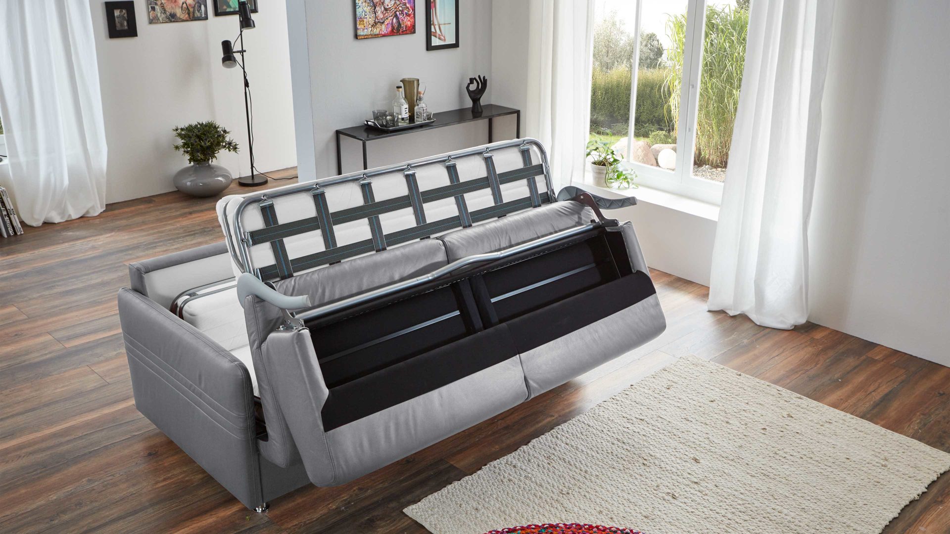 Schlafsofa comfortmaster besser sitzen, liegen, leben aus Leder in Hellgrau Comfortmaster Messina Funktionssofa - Schlafcouch hellgraues Leder 20-1080 & Chromfüße 84 - Breite ca. 157 cm