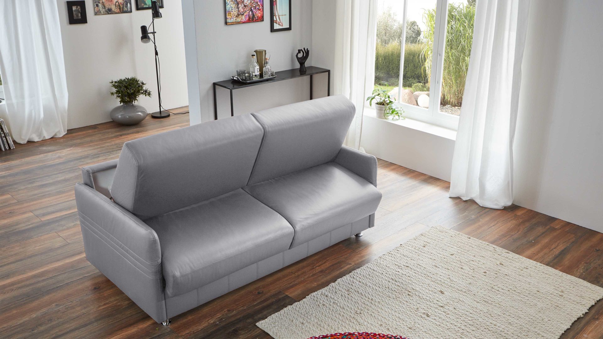 Schlafsofa comfortmaster besser sitzen, liegen, leben aus Leder in Hellgrau Comfortmaster Messina Funktionssofa - Schlafcouch hellgraues Leder 20-1080 & Chromfüße 84 - Breite ca. 157 cm