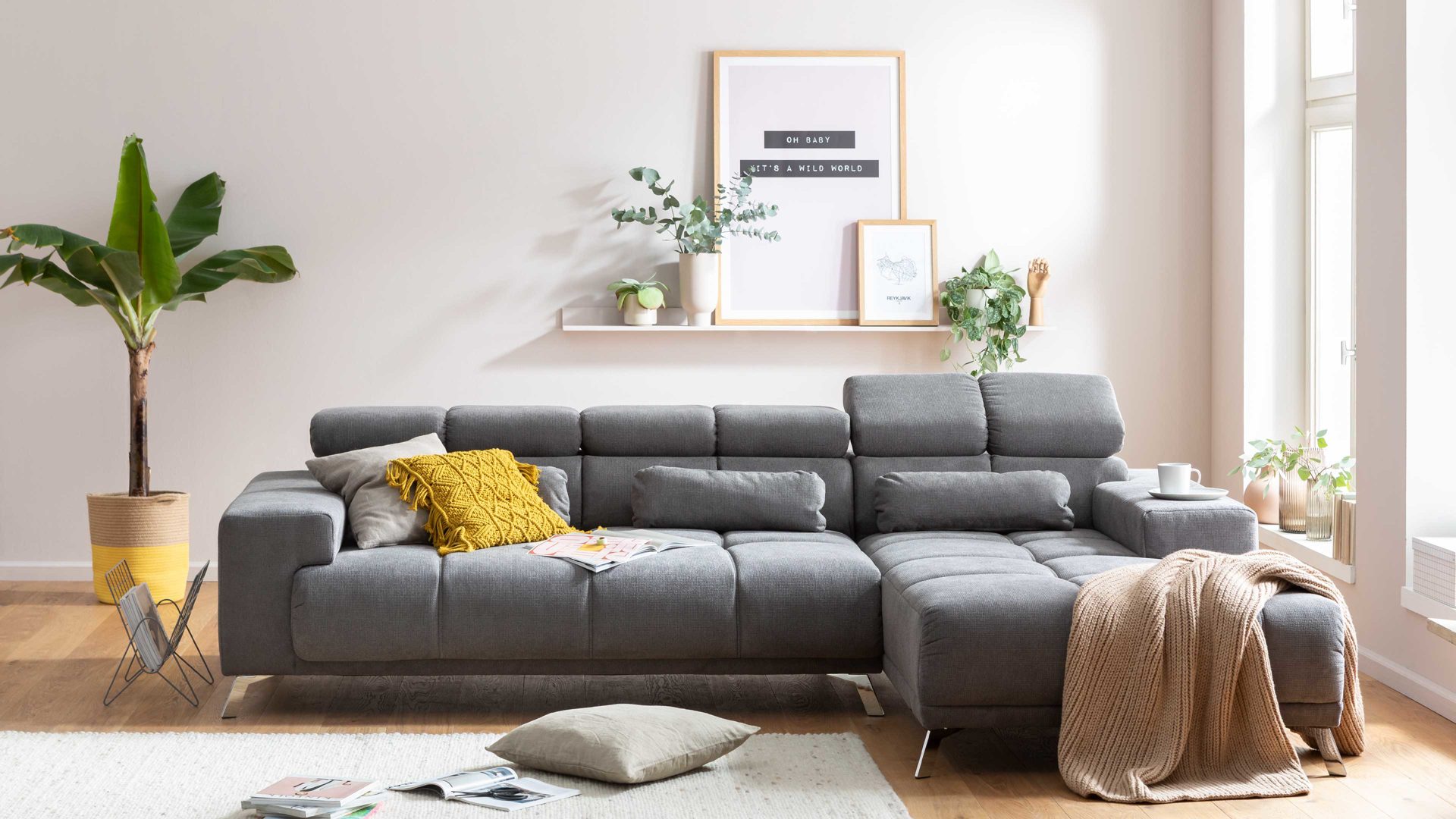 Ecksofa A. z. iwaniccy aus Stoff in Grau Funktions-Ecksofa Speed rechts , Stellfläche ca. 285 x 201 cm - steingrauer Bezug Boston 05 & Chromfüße