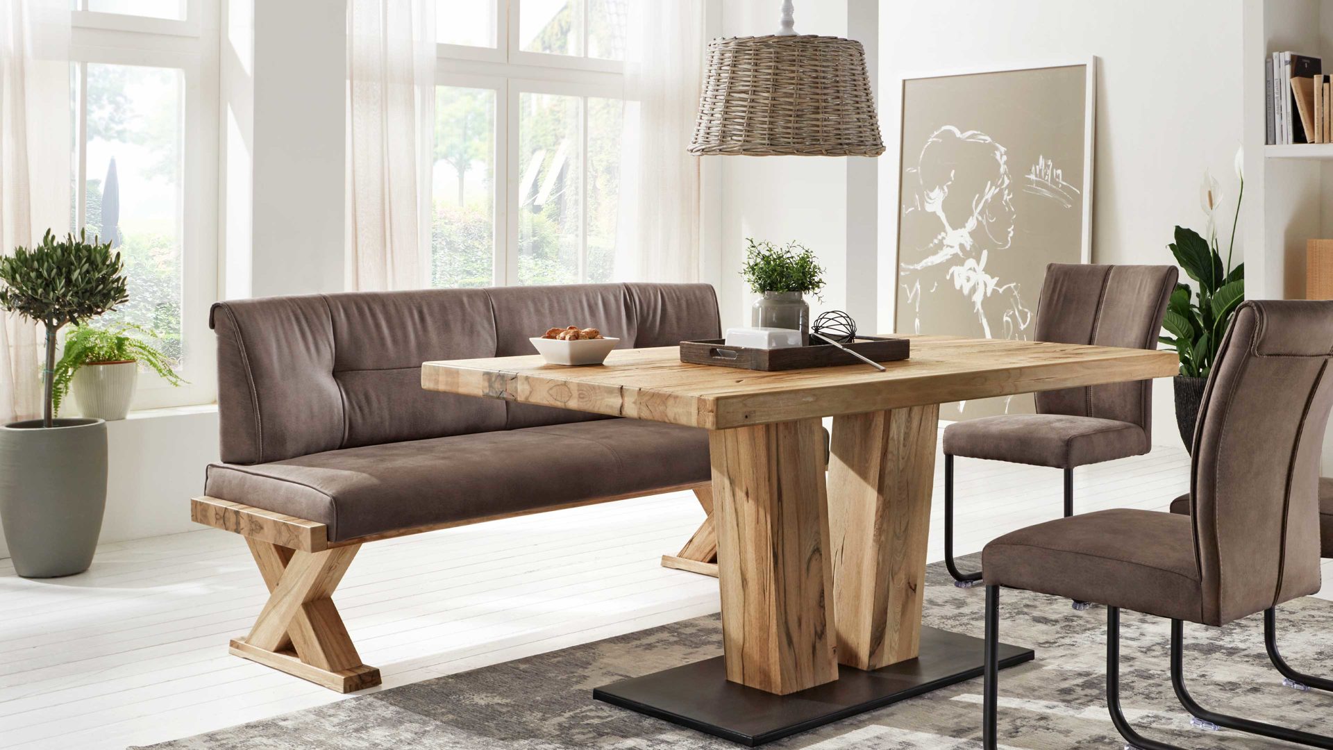 Polsterbank Niehoff sitzmoebel aus Stoff in Grau NIEHOFF SITZMÖBEL Polsterbank Alexa steinfarbene Mikrofaser Aberdeen & Balkeneiche – Länge ca. 168 cm