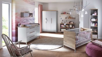 Babybett Paidi aus Holz in Hellgrau PAIDI Babyzimmerprogramm Benne - Bettgestell Kieselgrau & Montana Eiche – Liegefläche ca. 70 x 140 cm