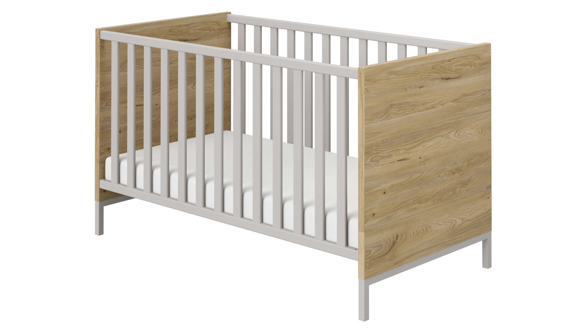 Babybett Paidi aus Holz in Hellgrau PAIDI Babyzimmerprogramm Benne - Bettgestell Kieselgrau & Montana Eiche – Liegefläche ca. 70 x 140 cm