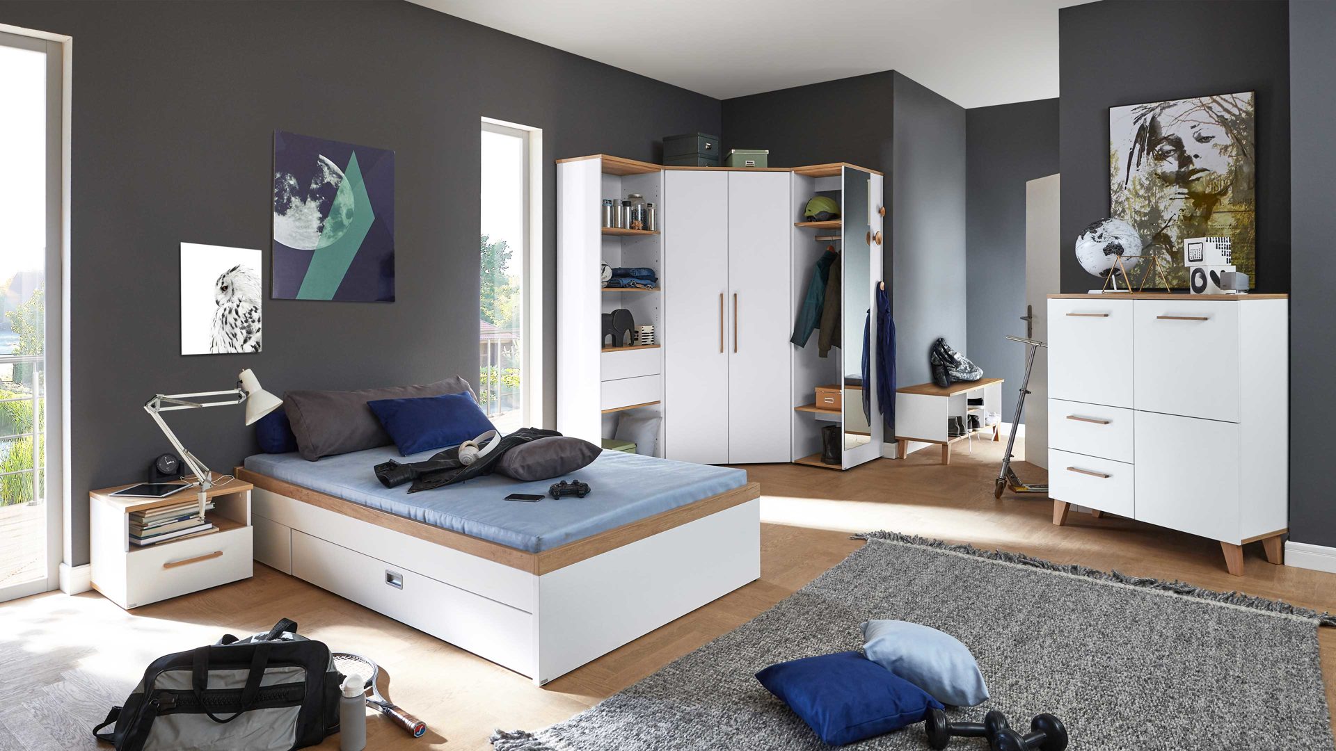 Highboard Paidi aus Holz in Weiß PAIDI Jugendzimmerprogramm Oscar - Highboard rechts - Kreideweiß & Nebraska Eiche