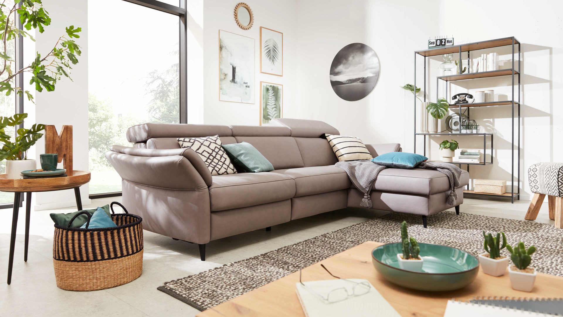 Ecksofa Interliving aus Leder in Grau Interliving Sofa Serie 4055 - Ecksofa granitfarbenes LongLife-Leder Credo - Stellfläche ca. 283 x 175 cm