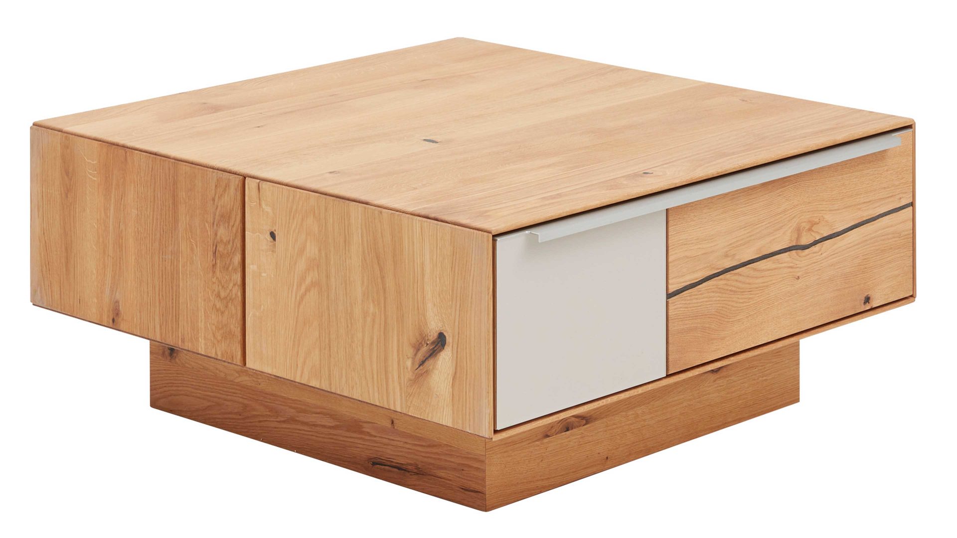 Couchtisch Interliving aus Holz in Hellgrau Interliving Wohnzimmer Serie 2020 - Couchtisch Asteiche, Schlamm & Risseiche– zwei Schubladen, ca. 82 x 82 cm